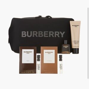 BURBERRY toiletry bag with deluxe samples of Hero Hair & Body Wash, and Parfums